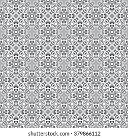 Black and white geometric background seamless pattern, repeating monochrome fabric texture. Tribal ethnic ornament, vector decorative graphic illustration