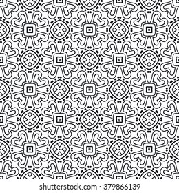Black and white geometric background seamless pattern, repeating monochrome fabric texture. Tribal ethnic ornament, vector decorative graphic illustration