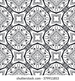 Black and white geometric background seamless pattern, repeating monochrome fabric texture. Tribal ethnic ornament, vector decorative graphic illustration