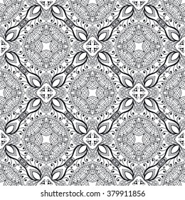 Black and white geometric background seamless pattern, repeating monochrome fabric texture. Tribal ethnic ornament, vector decorative graphic illustration