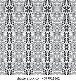 Black and white geometric background seamless pattern, repeating monochrome fabric texture. Tribal ethnic ornament, vector decorative graphic illustration