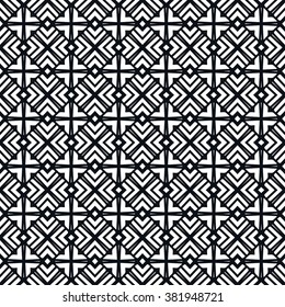Black and white geometric background seamless pattern, repeating monochrome fabric texture. Tribal ethnic ornament, vector decorative graphic illustration