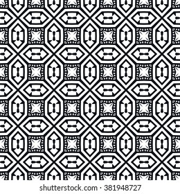 Black and white geometric background seamless pattern, repeating monochrome fabric texture. Tribal ethnic ornament, vector decorative graphic illustration