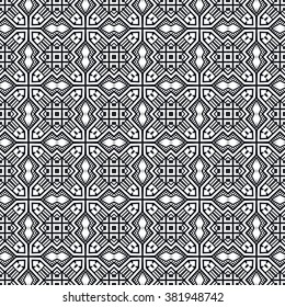 Black and white geometric background seamless pattern, repeating monochrome fabric texture. Tribal ethnic ornament, vector decorative graphic illustration