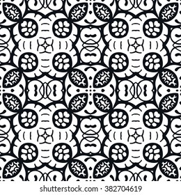 Black and white geometric background seamless pattern, repeating monochrome fabric texture. Tribal ethnic ornament, vector decorative graphic illustration
