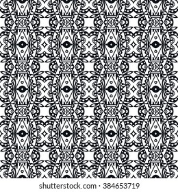 Black and white geometric background seamless pattern, repeating monochrome fabric texture. Tribal ethnic ornament, vector decorative graphic illustration