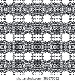 Black and white geometric background seamless pattern, repeating monochrome fabric texture. Tribal ethnic ornament, vector decorative graphic illustration
