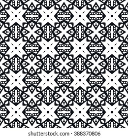 Black and white geometric background seamless pattern, repeating monochrome fabric texture. Tribal ethnic ornament, vector decorative graphic illustration