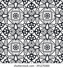 Black and white geometric background seamless pattern, repeating monochrome fabric texture. Tribal ethnic ornament, vector decorative graphic illustration
