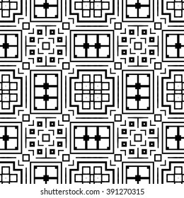 Black and white geometric background seamless pattern, repeating monochrome fabric texture. Tribal ethnic ornament, vector decorative graphic illustration
