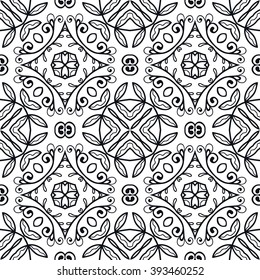 Black and white geometric background seamless pattern, repeating monochrome fabric texture. Tribal ethnic ornament, vector decorative graphic illustration