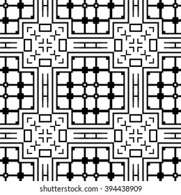 Black and white geometric background seamless pattern, repeating monochrome fabric texture. Tribal ethnic ornament, vector decorative graphic illustration