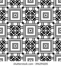 Black and white geometric background seamless pattern, repeating monochrome fabric texture. Tribal ethnic ornament, vector decorative graphic illustration