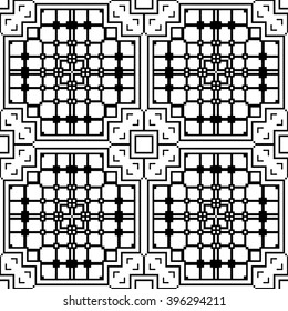 Black and white geometric background seamless pattern, repeating monochrome fabric texture. Tribal ethnic ornament, vector decorative graphic illustration