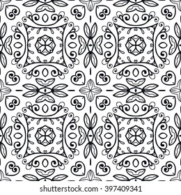 Black and white geometric background seamless pattern, repeating monochrome fabric texture. Tribal ethnic ornament, vector decorative doodle graphic illustration