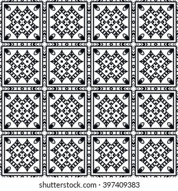 Black and white geometric background seamless pattern, repeating monochrome fabric texture. Tribal ethnic ornament, vector decorative graphic illustration