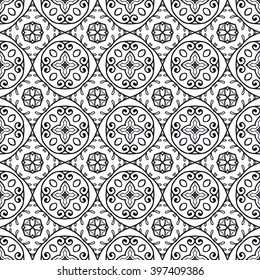 Black and white geometric background seamless pattern, repeating monochrome fabric texture. Tribal ethnic ornament, vector decorative doodle graphic illustration