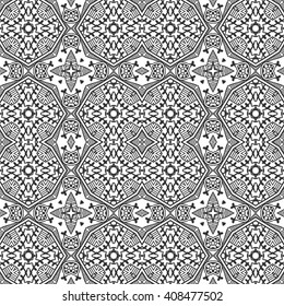 Black and white geometric background seamless pattern, repeating monochrome fabric texture. Tribal ethnic ornament, vector decorative graphic illustration