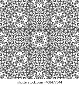 Black and white geometric background seamless pattern, repeating monochrome fabric texture. Tribal ethnic ornament, vector decorative graphic illustration