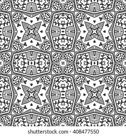 Black and white geometric background seamless pattern, repeating monochrome fabric texture. Tribal ethnic ornament, vector decorative graphic illustration