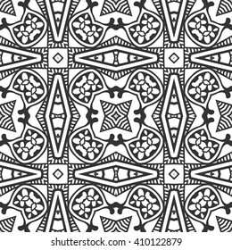 Black and white geometric background seamless pattern, repeating monochrome fabric texture. Tribal ethnic ornament, vector decorative graphic illustration