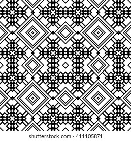 Black and white geometric background seamless pattern, repeating monochrome fabric texture. Tribal ethnic ornament, vector decorative graphic illustration