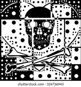 black and white geometric background with skull and cross bones illustration together and polka dots pattern with love heart silhouette design. vector print pattern. for fashion and graphic design