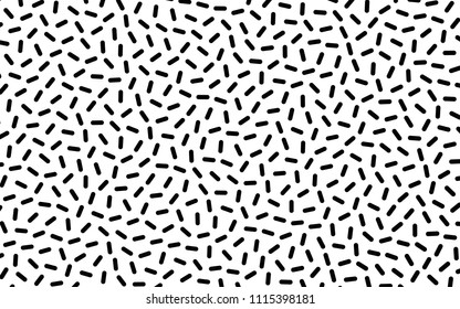 Black and white geometric background with small randomly scattered lines. Minimal design. Fashionable Memphis style of the 80's, 90's. Minimal design. Vector illustration Creative hipster pattern 