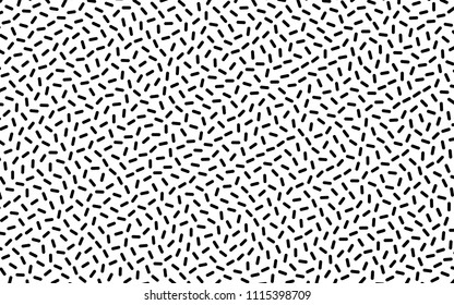 Black and white geometric background with small randomly scattered lines. Minimal design. Fashionable Memphis style of the 80's, 90's. Minimal design. Vector illustration Creative hipster pattern 