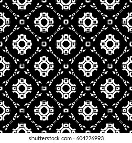 Black and white geometric background. Stylish design in Arabian style, traditional motif. Vector monochrome seamless pattern. Round lattice, floral figures, repeat tiles. Texture for print, decor, web