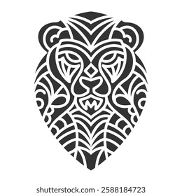 Black and white geometric bear head illustration featuring intricate tribal patterns, bold symmetry, and sharp abstract details. 