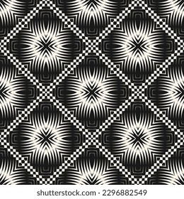 Black and white geometric burst background. Vector seamless pattern with optical illusion effect. Abstract checkered ornament texture. Retro style pattern. Trendy repeat design for decor, print, wrap