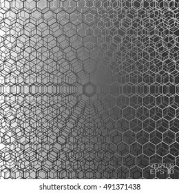 Black and White Geometric Cellular Pattern. Abstract Monochrome Grid with Hexagon. Graphic Style for Print. Vector. 3d Illustration