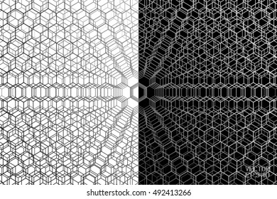 Black and White Geometric Cellular Pattern. Abstract Monochrome Grid with Hexagon. Graphic Style for Print. Vector. 3d Illustration