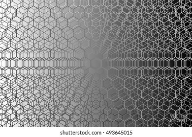 Black and White Geometric Cellular Pattern. Abstract Monochrome Grid with Hexagon. Graphic Style for Print. Vector. 3d Illustration