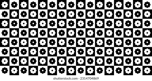 Black and white geometric checkered floral seamless pattern illustration. Vintage square grid style flower background design. Y2k nature backdrop with daisy flowers.