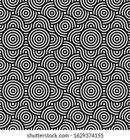 Black and white geometric circle impossible background seamless pattern. Round vector illustration for greeting cards, cover, flyer, wallpaper. Abstract texture ornament design, repeating tiles