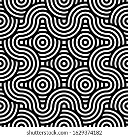 Black and white geometric circle impossible background seamless pattern. Round vector illustration for greeting cards, cover, flyer, wallpaper. Abstract texture ornament design, repeating tiles
