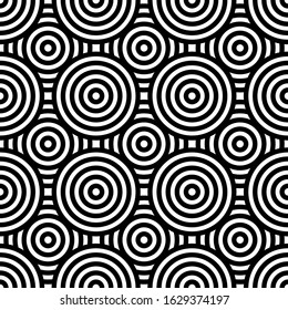 Black and white geometric circle impossible background seamless pattern. Round vector illustration for greeting cards, cover, flyer, wallpaper. Abstract texture ornament design, repeating tiles