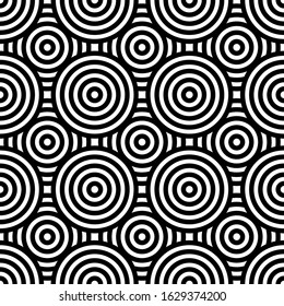 Black and white geometric circle impossible background seamless pattern. Round vector illustration for greeting cards, cover, flyer, wallpaper. Abstract texture ornament design, repeating tiles