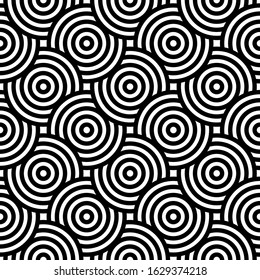 Black and white geometric circle impossible background seamless pattern. Round vector illustration for greeting cards, cover, flyer, wallpaper. Abstract texture ornament design, repeating tiles