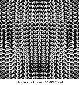 Black and white geometric circle impossible background seamless pattern. Round vector illustration for greeting cards, cover, flyer, wallpaper. Abstract texture ornament design, repeating tiles