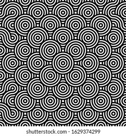 Black and white geometric circle impossible background seamless pattern. Round vector illustration for greeting cards, cover, flyer, wallpaper. Abstract texture ornament design, repeating tiles