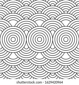 Black and white geometric circle impossible background seamless pattern. Round vector illustration for greeting cards, cover, flyer, wallpaper. Abstract texture ornament design, repeating tiles