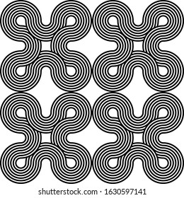 Black, white geometric circle linear impossible background seamless pattern. Modern vector illustration for greeting card, cover, flyer, wallpaper. Abstract texture ornament design, repeating tile