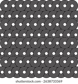 Black and white geometric circle linear background seamless pattern. Modern vector illustration for greeting card, cover, flyer, wallpaper. Abstract texture ornament design, repeating tile