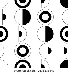 Black and white geometric circles, half circles seamless pattern design	
