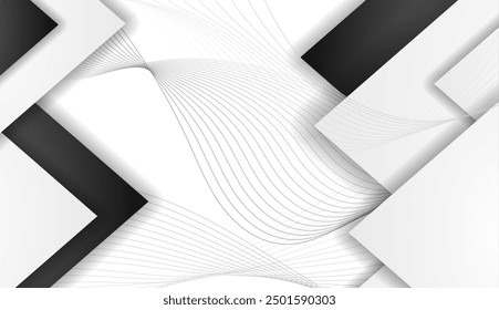 Schwarz-weißer geometrischer Kunsthintergrund mit Dreiecken und linearen Schallwellen. Vektor futuristisch minimal tech design