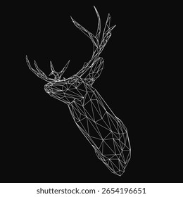 A black and white geometric deer head composed of intricate wireframe shapes and lines stands out against a dark background. The abstract design features sharp angles and clean contours for a modern.