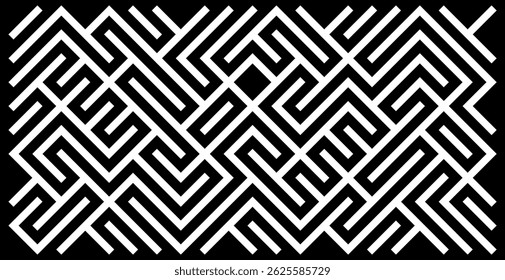 Black and white geometric design featuring line-based labyrinth shapes, for graphic design, posters, textiles or abstract compositions.